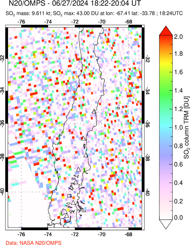 A sulfur dioxide image over Central Chile on Jun 27, 2024.