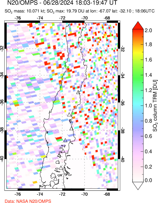 A sulfur dioxide image over Central Chile on Jun 28, 2024.