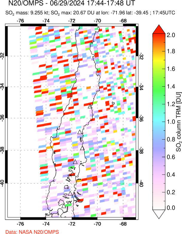 A sulfur dioxide image over Central Chile on Jun 29, 2024.