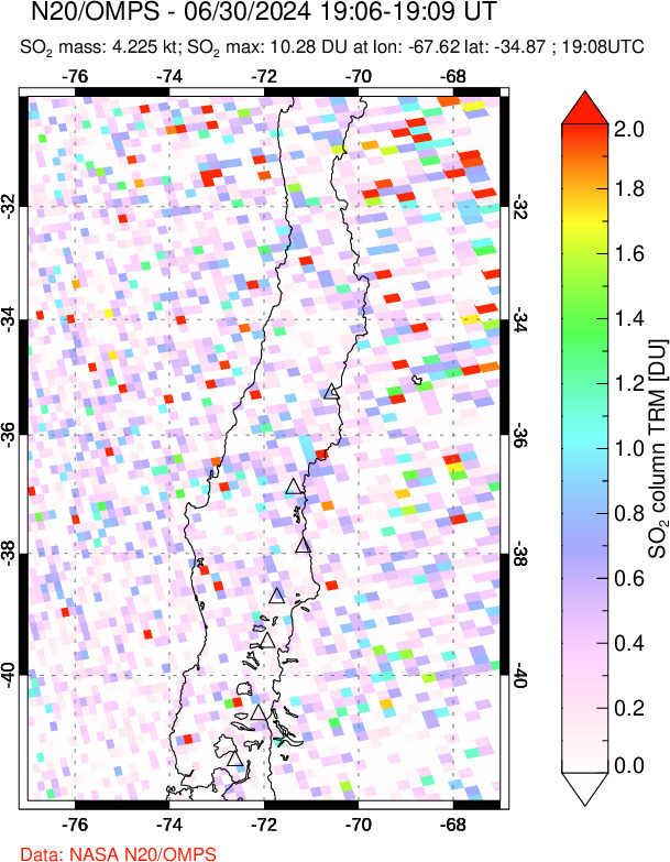 A sulfur dioxide image over Central Chile on Jun 30, 2024.