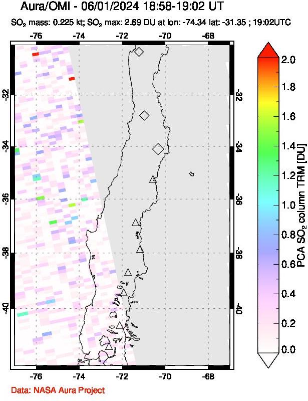 A sulfur dioxide image over Central Chile on Jun 01, 2024.