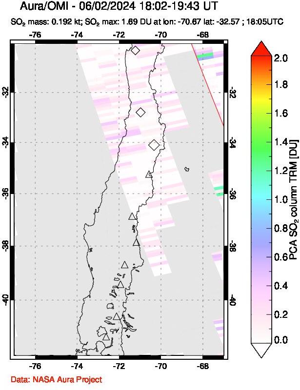 A sulfur dioxide image over Central Chile on Jun 02, 2024.