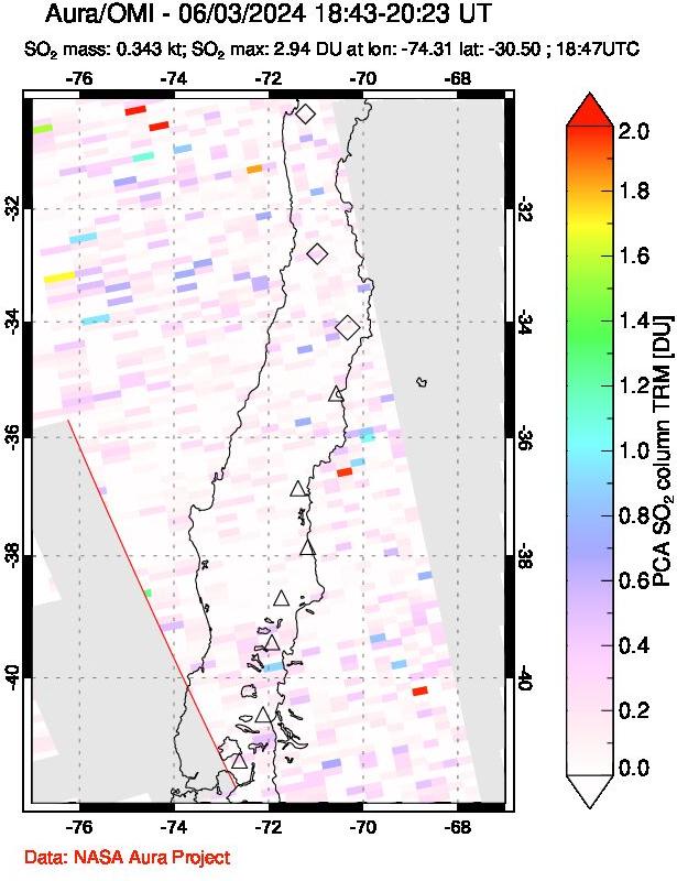 A sulfur dioxide image over Central Chile on Jun 03, 2024.