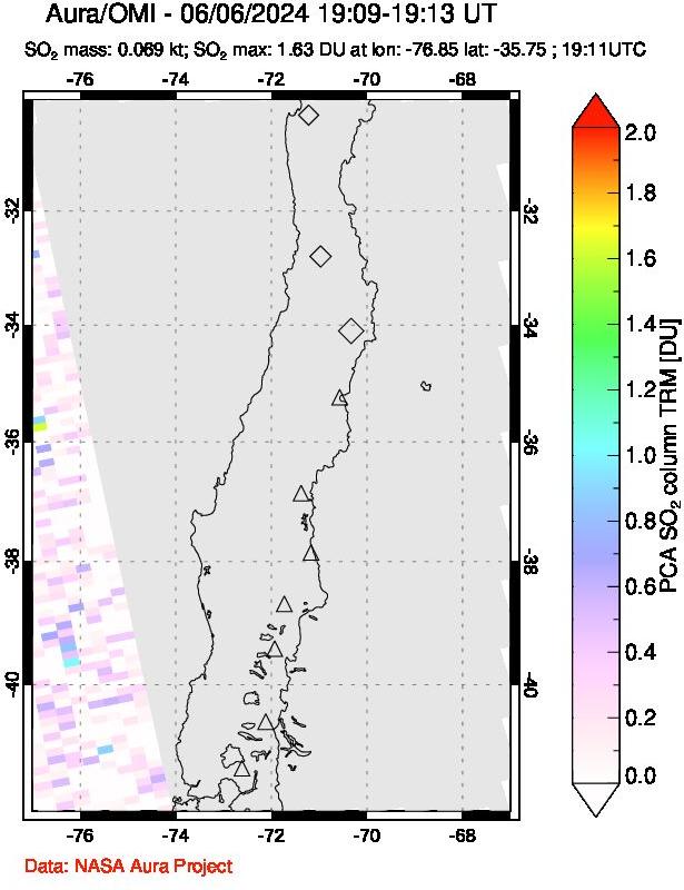 A sulfur dioxide image over Central Chile on Jun 06, 2024.