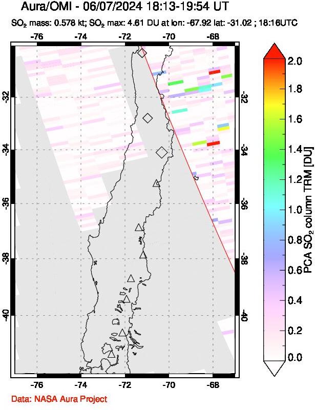 A sulfur dioxide image over Central Chile on Jun 07, 2024.