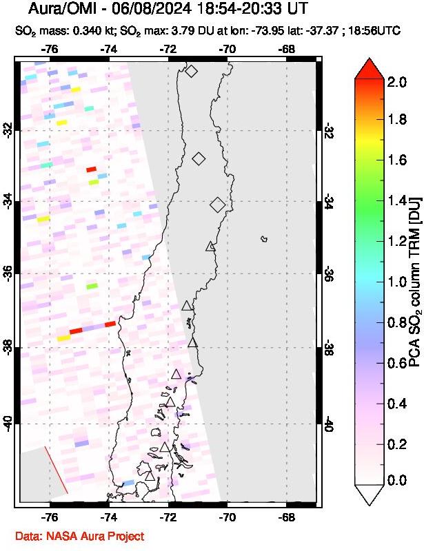 A sulfur dioxide image over Central Chile on Jun 08, 2024.