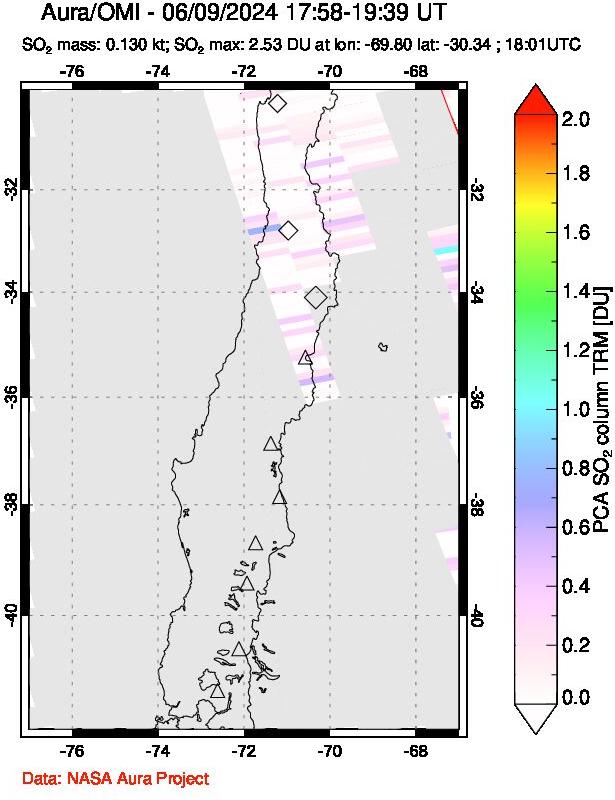 A sulfur dioxide image over Central Chile on Jun 09, 2024.