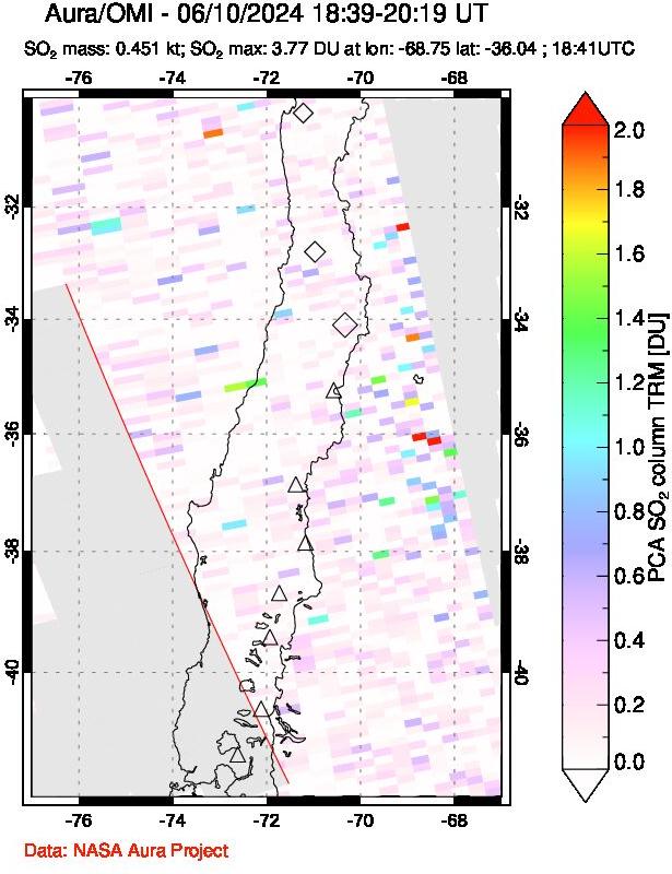 A sulfur dioxide image over Central Chile on Jun 10, 2024.