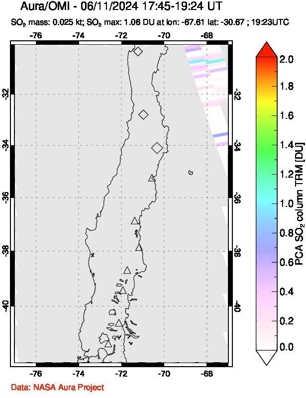 A sulfur dioxide image over Central Chile on Jun 11, 2024.