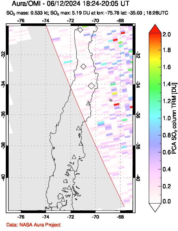 A sulfur dioxide image over Central Chile on Jun 12, 2024.