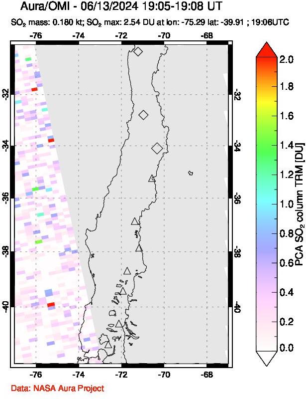 A sulfur dioxide image over Central Chile on Jun 13, 2024.