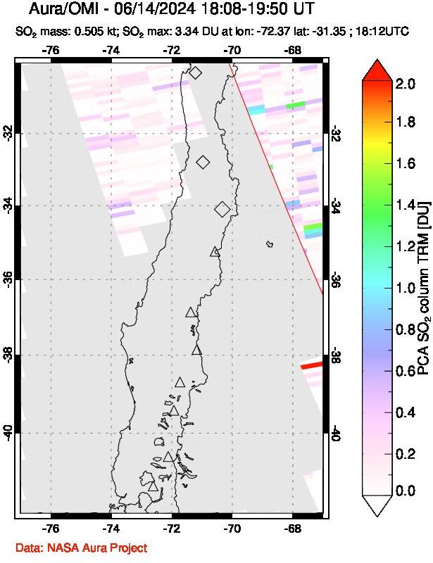 A sulfur dioxide image over Central Chile on Jun 14, 2024.