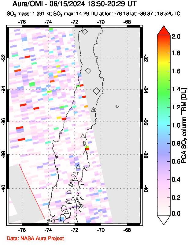 A sulfur dioxide image over Central Chile on Jun 15, 2024.