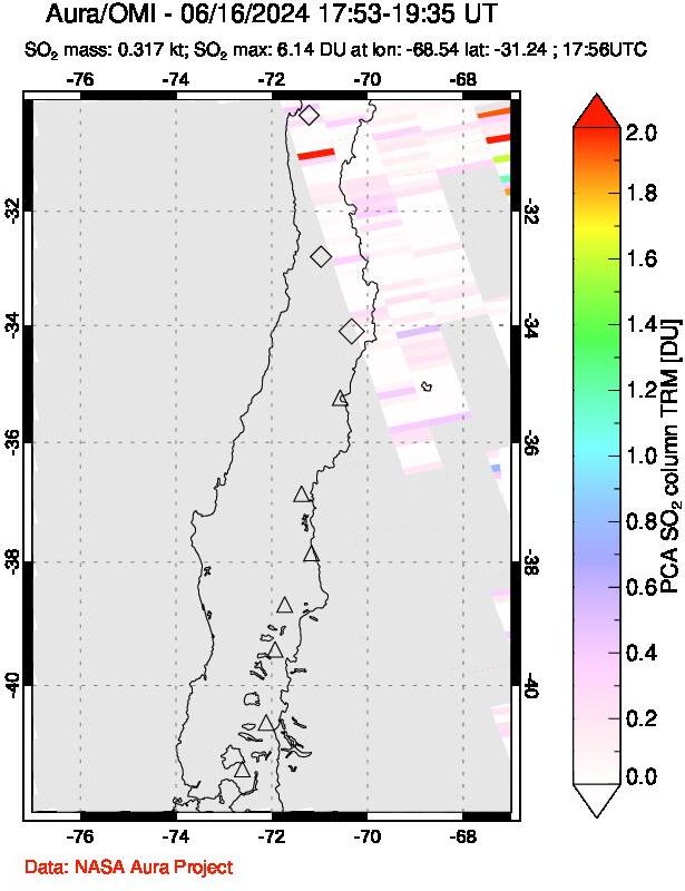 A sulfur dioxide image over Central Chile on Jun 16, 2024.