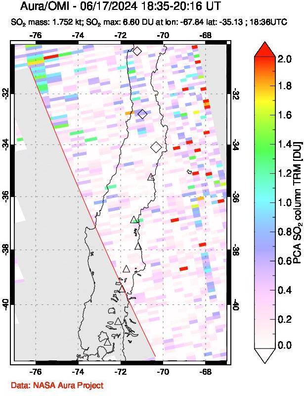 A sulfur dioxide image over Central Chile on Jun 17, 2024.