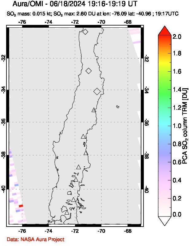 A sulfur dioxide image over Central Chile on Jun 18, 2024.