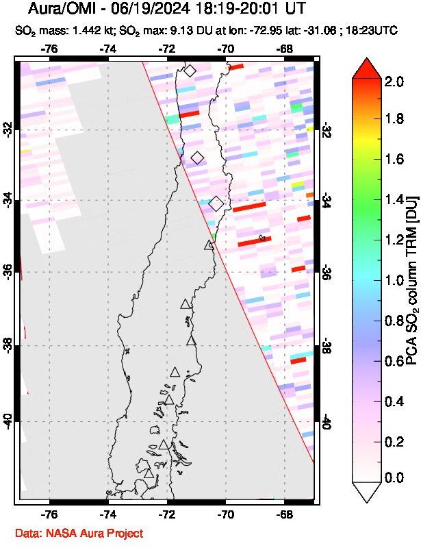 A sulfur dioxide image over Central Chile on Jun 19, 2024.