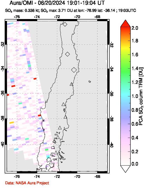 A sulfur dioxide image over Central Chile on Jun 20, 2024.