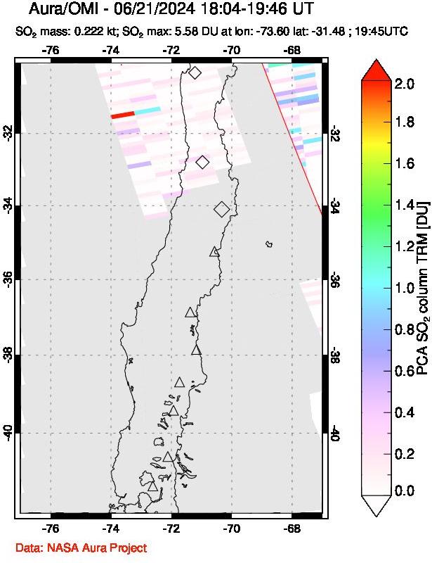 A sulfur dioxide image over Central Chile on Jun 21, 2024.