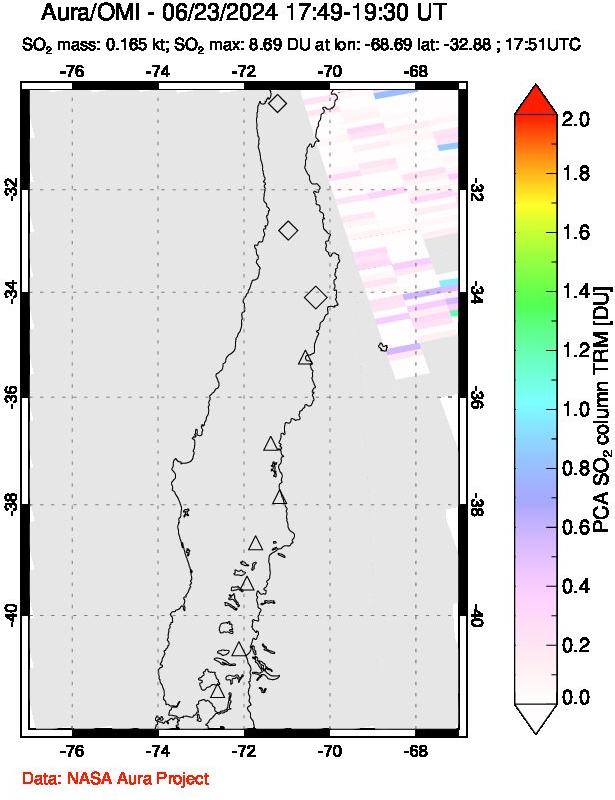 A sulfur dioxide image over Central Chile on Jun 23, 2024.