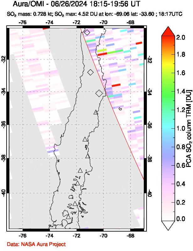 A sulfur dioxide image over Central Chile on Jun 26, 2024.