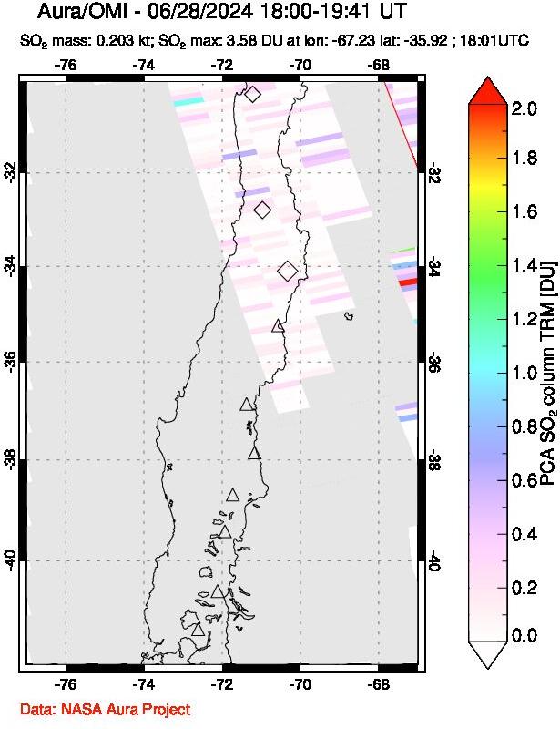 A sulfur dioxide image over Central Chile on Jun 28, 2024.