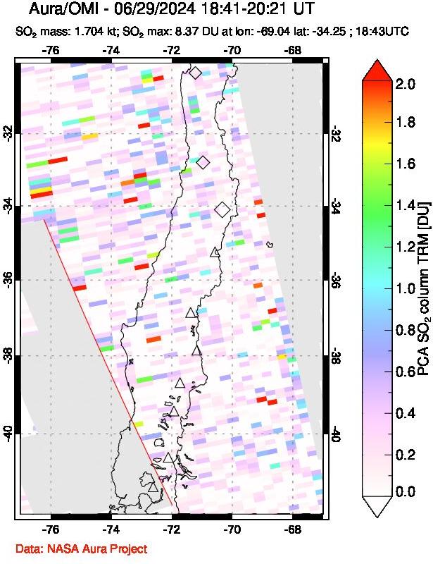 A sulfur dioxide image over Central Chile on Jun 29, 2024.