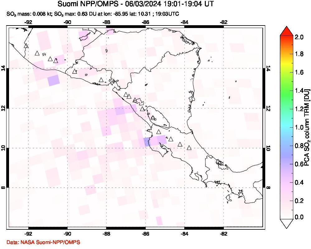 A sulfur dioxide image over Central America on Jun 03, 2024.