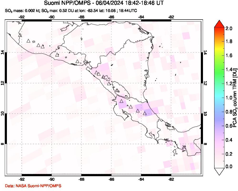 A sulfur dioxide image over Central America on Jun 04, 2024.