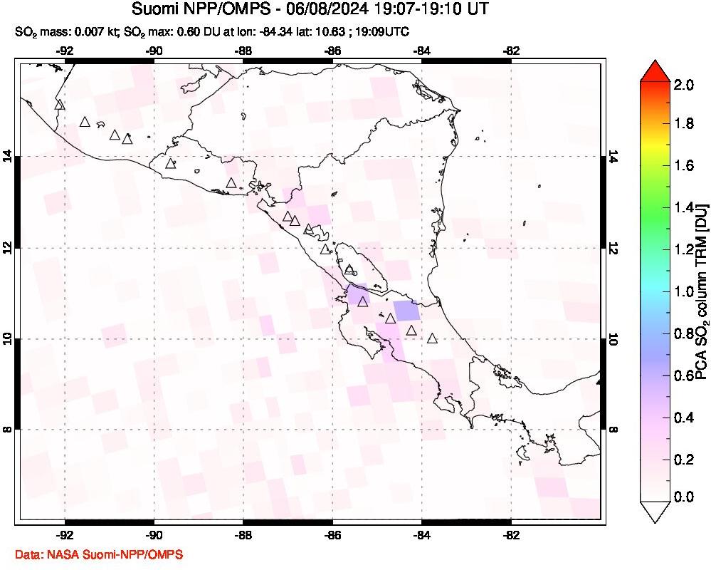 A sulfur dioxide image over Central America on Jun 08, 2024.