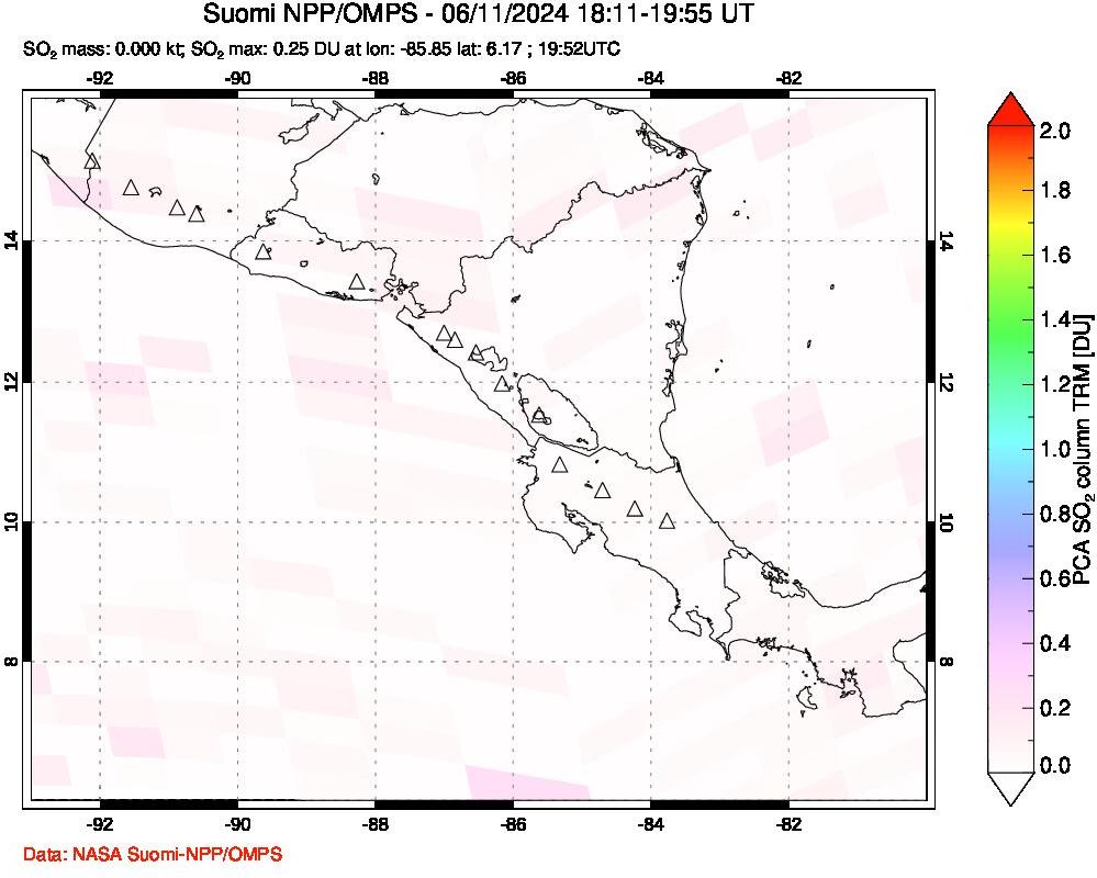 A sulfur dioxide image over Central America on Jun 11, 2024.