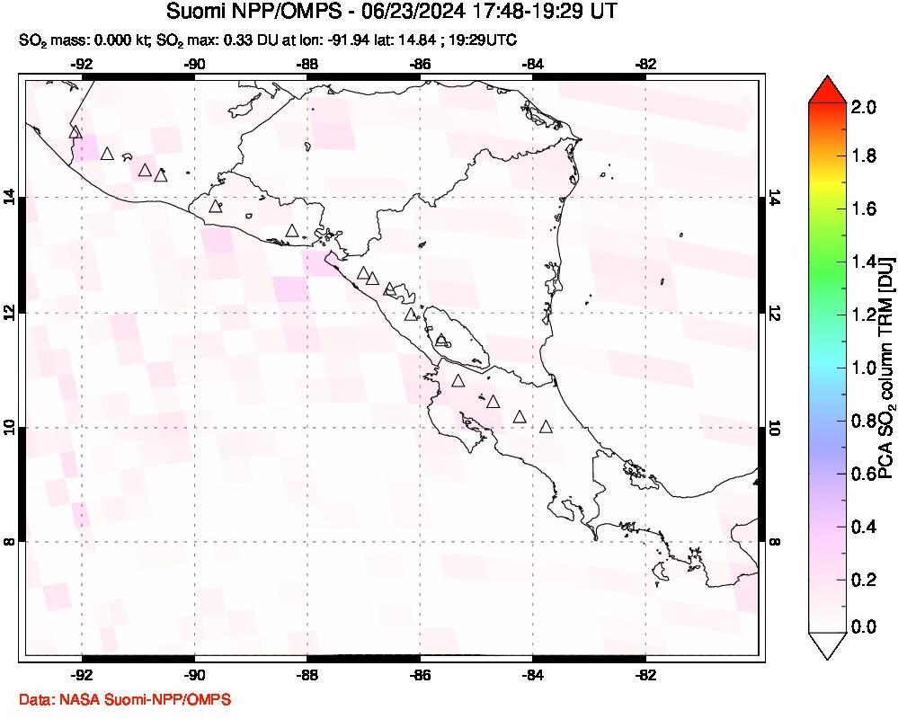 A sulfur dioxide image over Central America on Jun 23, 2024.