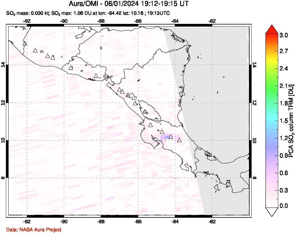 A sulfur dioxide image over Central America on Jun 01, 2024.