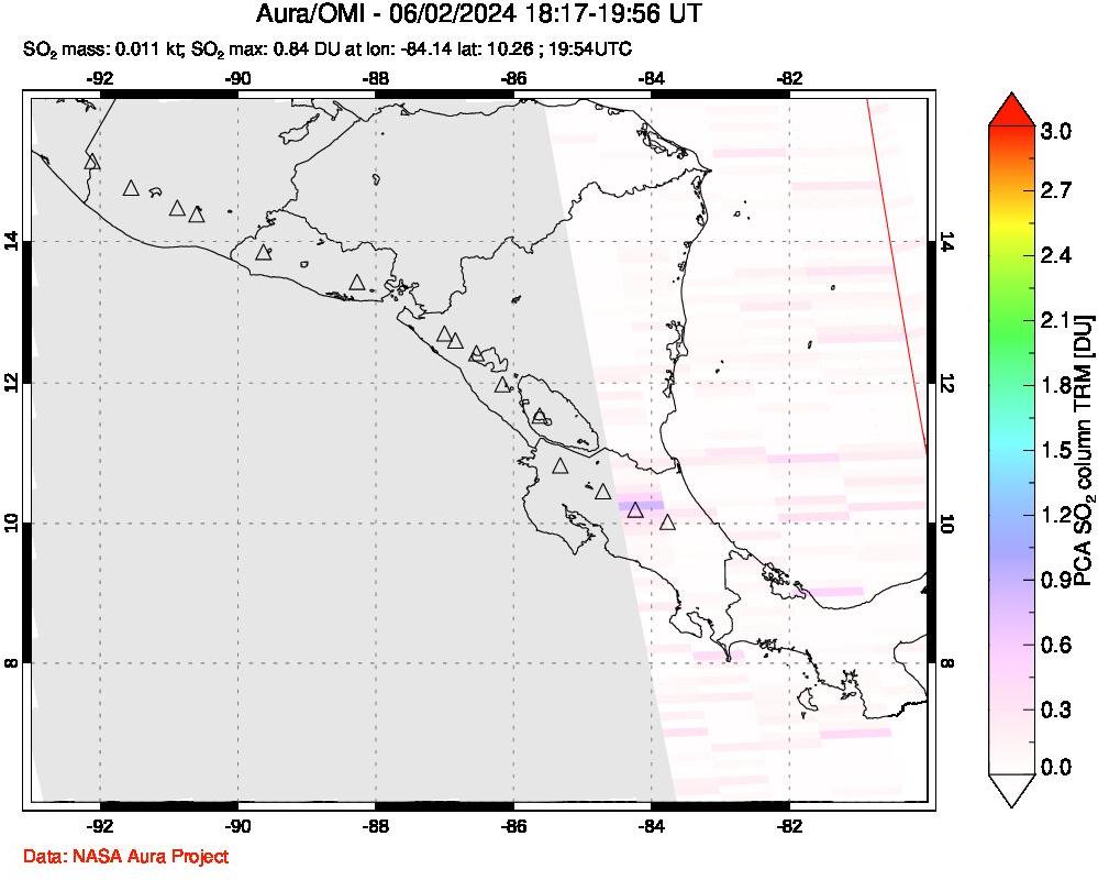 A sulfur dioxide image over Central America on Jun 02, 2024.