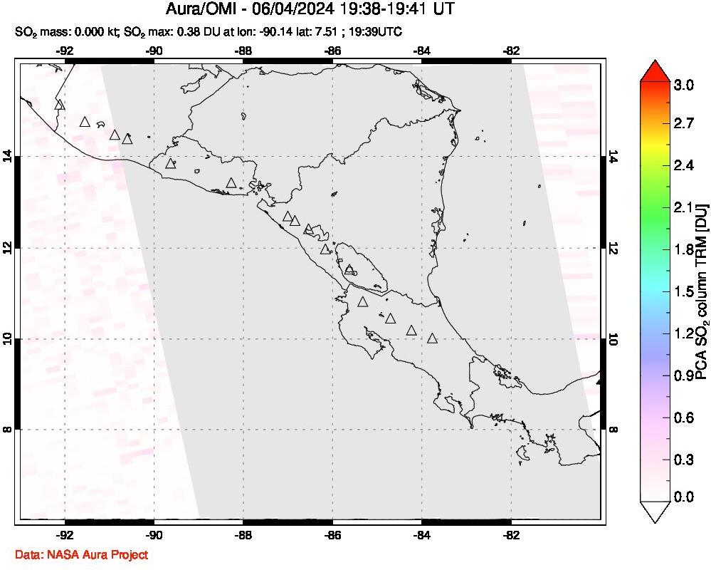 A sulfur dioxide image over Central America on Jun 04, 2024.