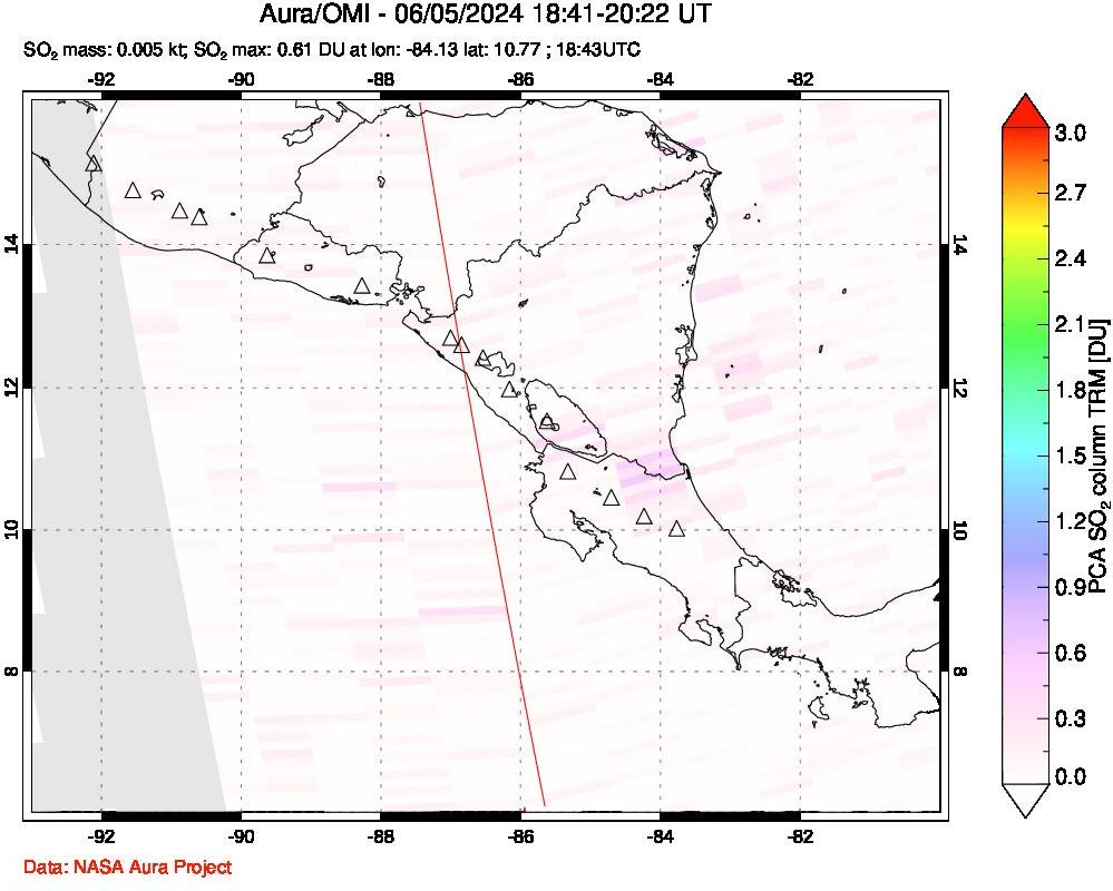 A sulfur dioxide image over Central America on Jun 05, 2024.