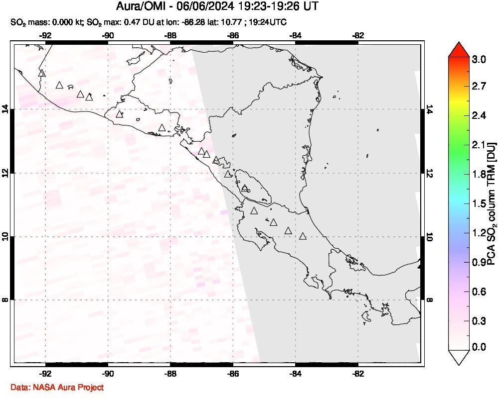 A sulfur dioxide image over Central America on Jun 06, 2024.