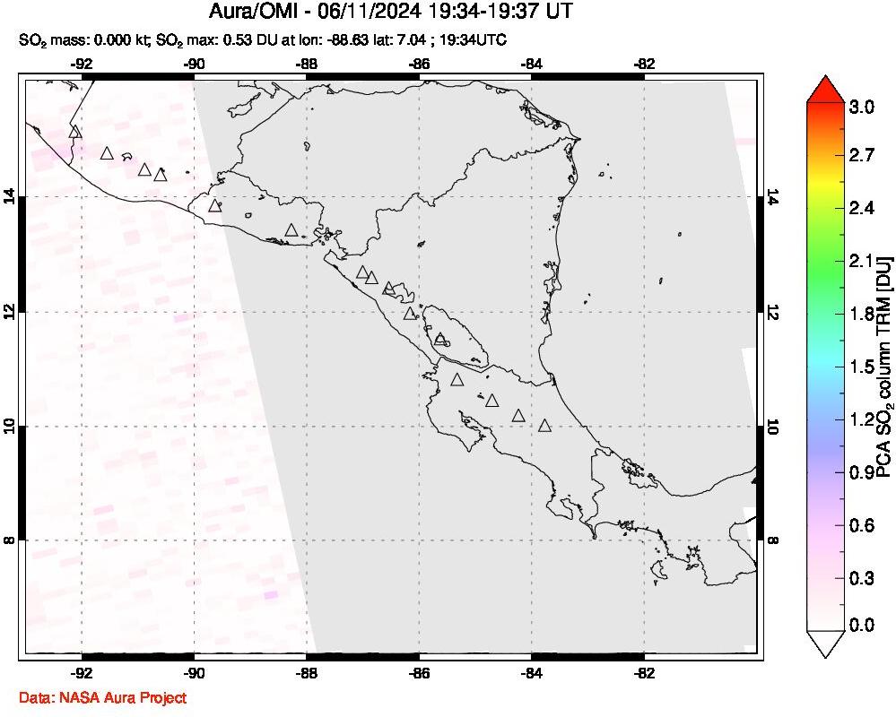 A sulfur dioxide image over Central America on Jun 11, 2024.