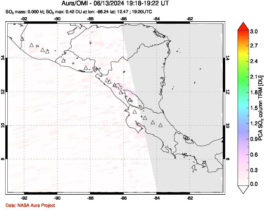 A sulfur dioxide image over Central America on Jun 13, 2024.