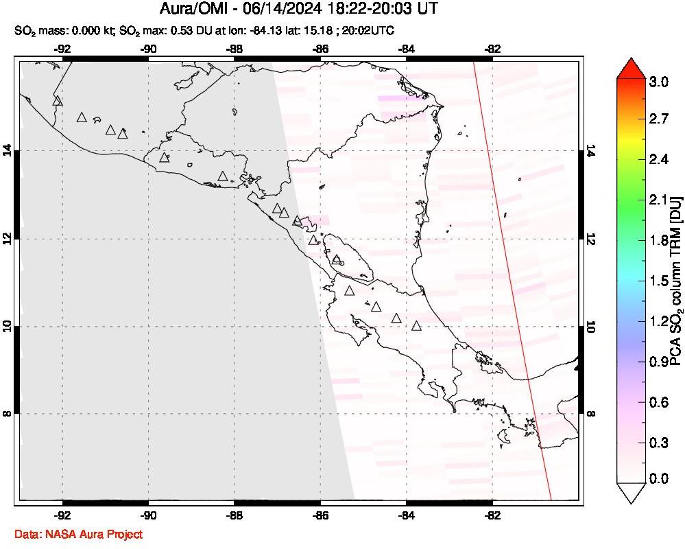 A sulfur dioxide image over Central America on Jun 14, 2024.