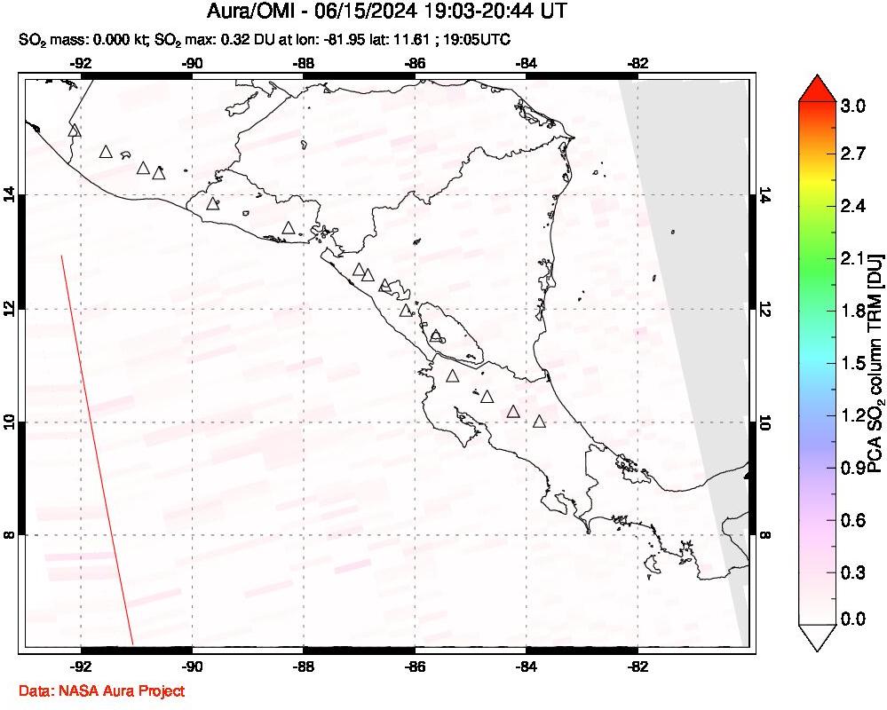 A sulfur dioxide image over Central America on Jun 15, 2024.