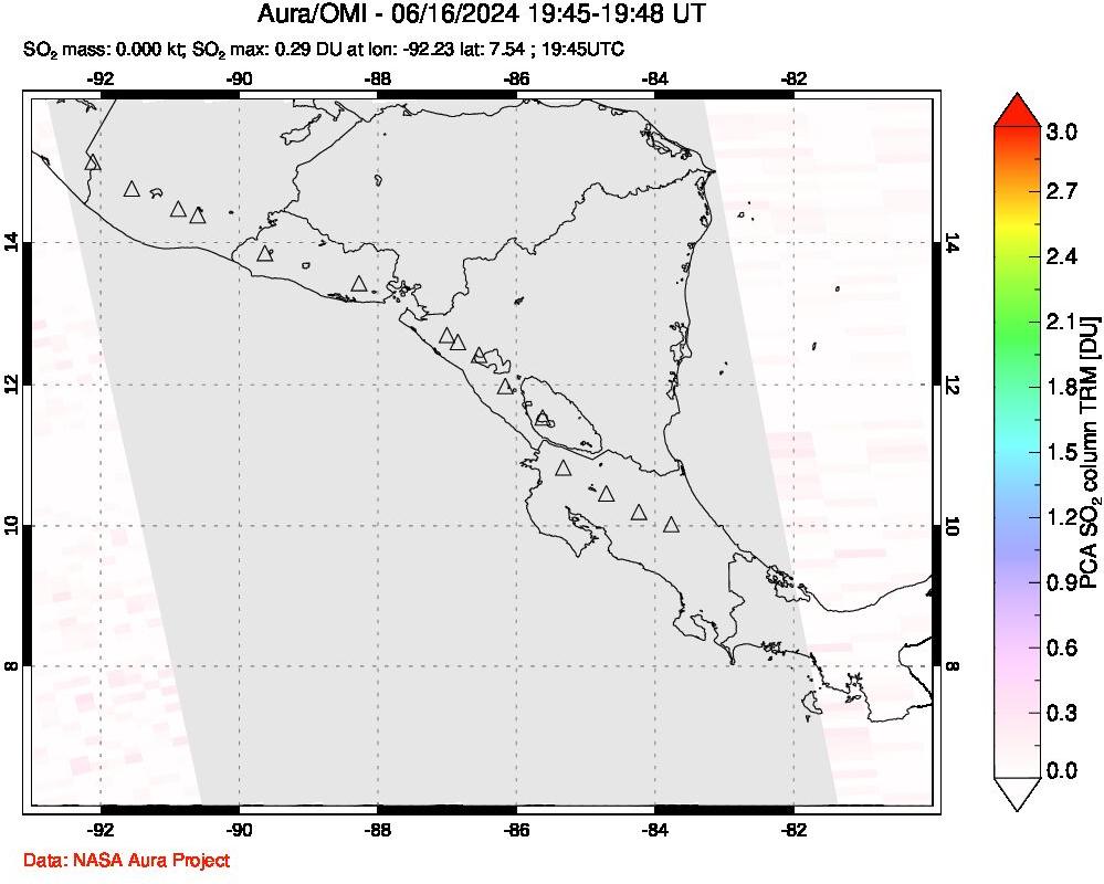 A sulfur dioxide image over Central America on Jun 16, 2024.