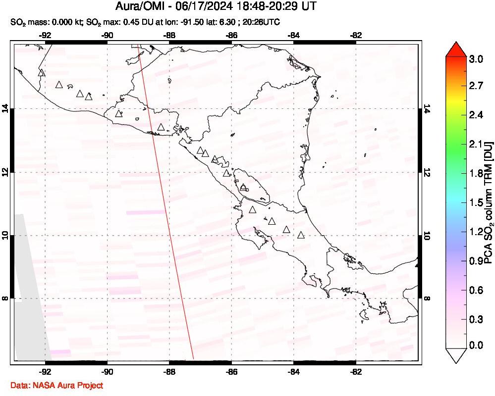 A sulfur dioxide image over Central America on Jun 17, 2024.