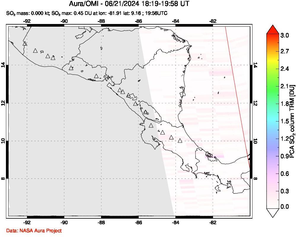 A sulfur dioxide image over Central America on Jun 21, 2024.