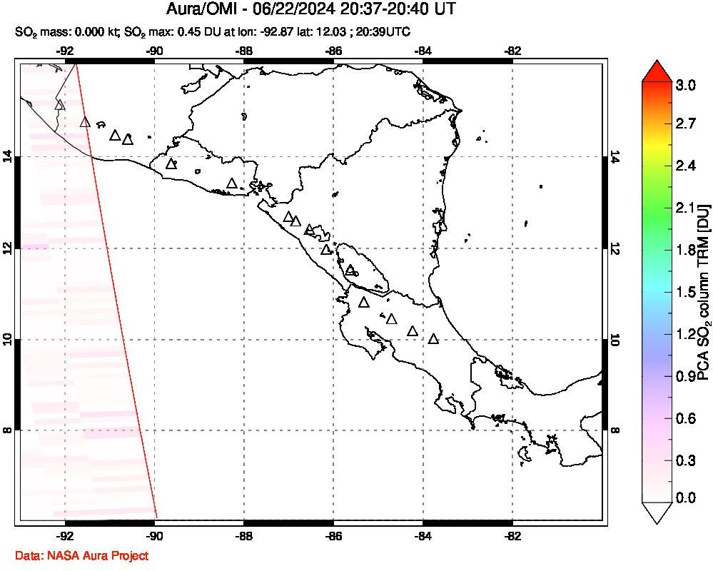 A sulfur dioxide image over Central America on Jun 22, 2024.