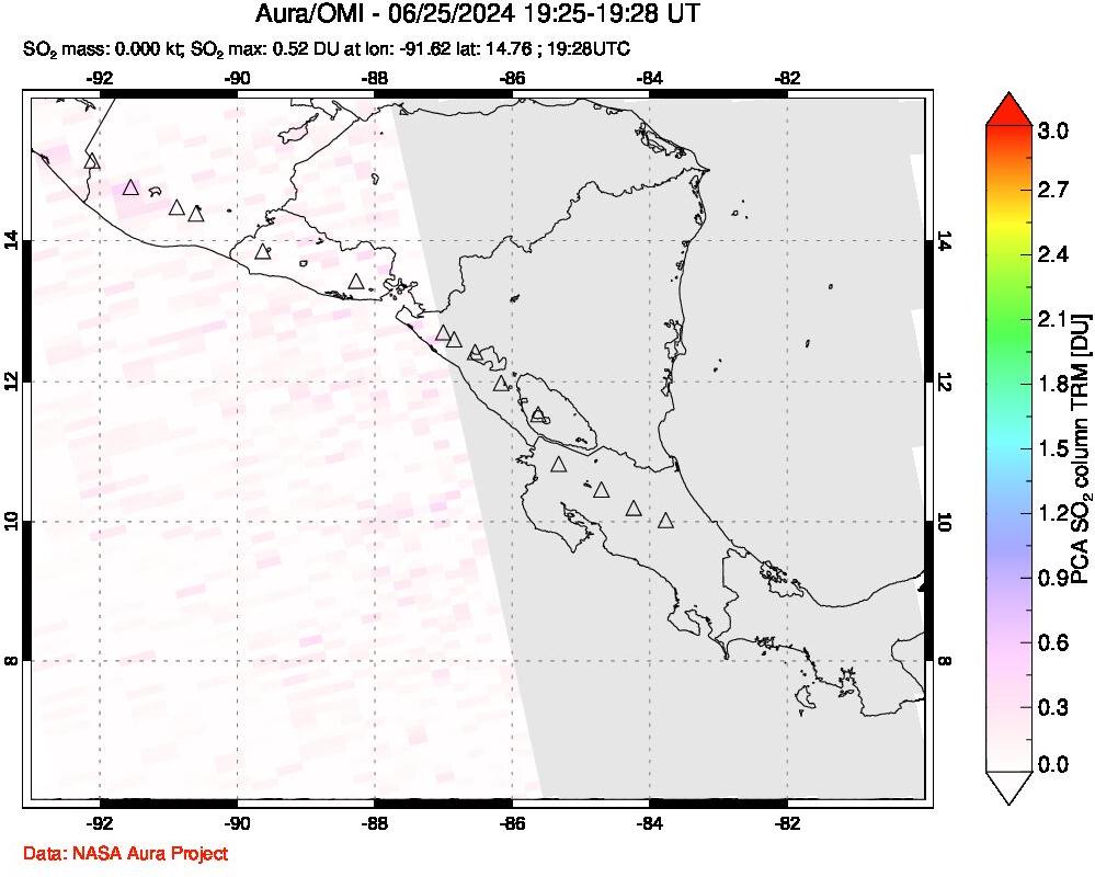 A sulfur dioxide image over Central America on Jun 25, 2024.