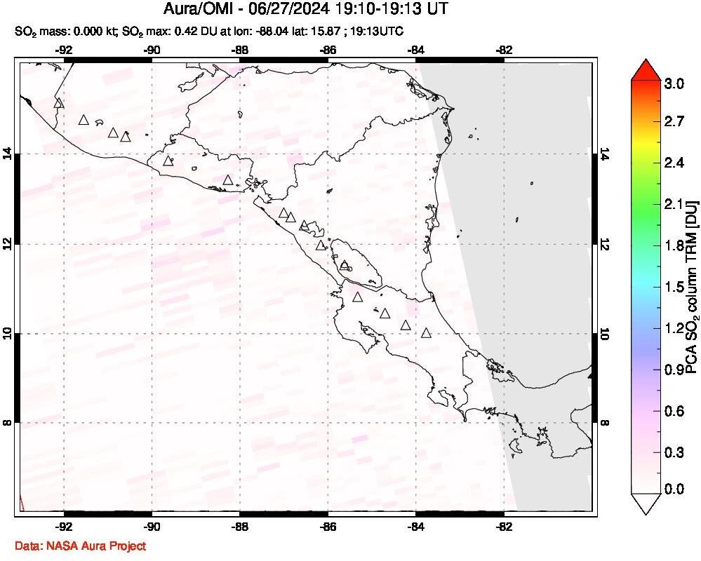 A sulfur dioxide image over Central America on Jun 27, 2024.