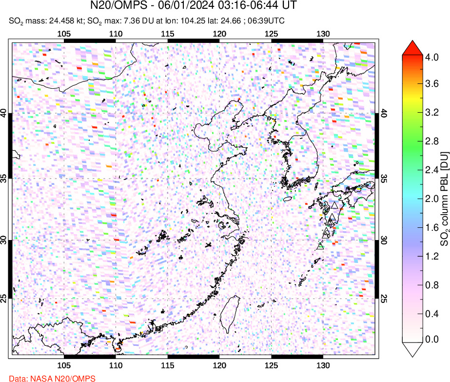 A sulfur dioxide image over Eastern China on Jun 01, 2024.