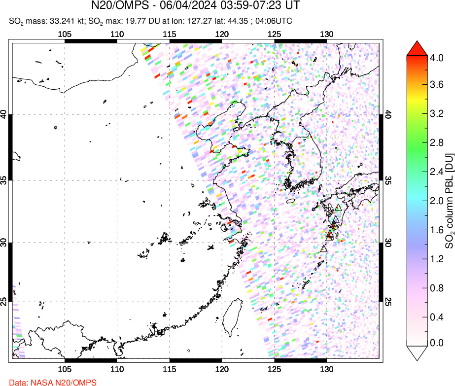 A sulfur dioxide image over Eastern China on Jun 04, 2024.