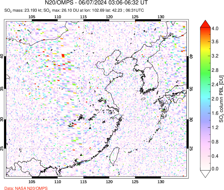 A sulfur dioxide image over Eastern China on Jun 07, 2024.